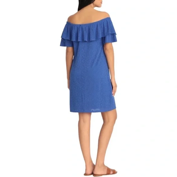 London Times - Off-The-Shoulder Ruffle Shift Dress Size LP - Picture 3 of 7